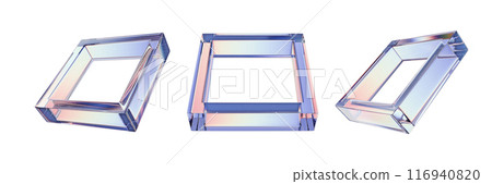 3D glass square frame screen set crystal flying transparent rectangle purple glossy holographic icon 116940820