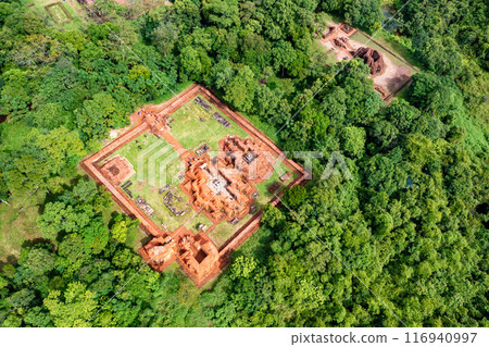 View of My Son Sanctuary among green woods in Quang Nam, Vietnam. 116940997