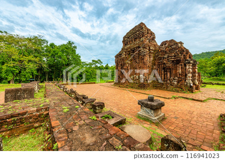 View of My Son Sanctuary among green woods in Quang Nam, Vietnam. View of My Son Sanctuary among green woods in Quang Nam, Vietnam. 116941023