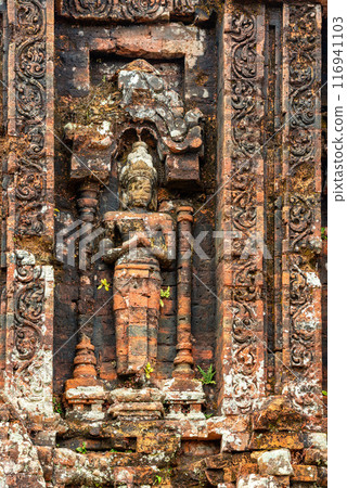 View of My Son Sanctuary among green woods in Quang Nam, Vietnam. 116941103