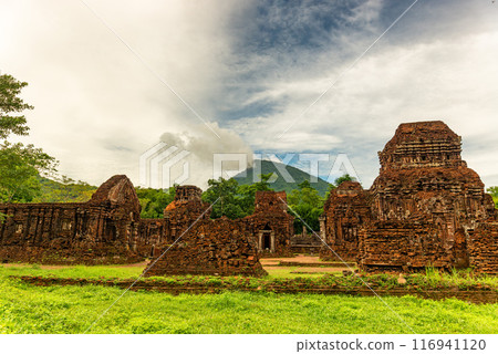 View of My Son Sanctuary among green woods in Quang Nam, Vietnam. 116941120