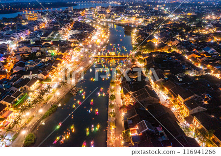 Aerial drone view of Hoi An city, Vietnam. Ancient town, UNESCO world heritage, at Quang Nam province. Aerial drone view of Hoi An city, Vietnam. Ancient town, UNESCO world heritage, at Quang Nam province. 116941266