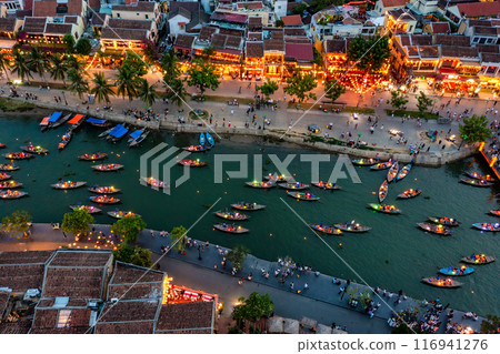 Aerial drone view of Hoi An city, Vietnam. Ancient town, UNESCO world heritage, at Quang Nam province. Aerial drone view of Hoi An city, Vietnam. Ancient town, UNESCO world heritage, at Quang Nam province. 116941276