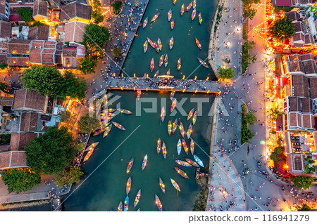 Aerial drone view of Hoi An city, Vietnam. Ancient town, UNESCO world heritage, at Quang Nam province. 116941279