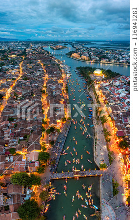 Aerial drone view of Hoi An city, Vietnam. Ancient town, UNESCO world heritage, at Quang Nam province. Aerial drone view of Hoi An city, Vietnam. Ancient town, UNESCO world heritage, at Quang Nam province. 116941281