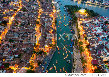 Aerial drone view of Hoi An city, Vietnam. Ancient town, UNESCO world heritage, at Quang Nam province. 116941283