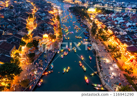 Aerial drone view of Hoi An city, Vietnam. Ancient town, UNESCO world heritage, at Quang Nam province. 116941290