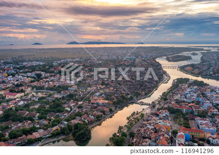 Aerial drone view of Hoi An city, Vietnam. Ancient town, UNESCO world heritage, at Quang Nam province. Aerial drone view of Hoi An city, Vietnam. Ancient town, UNESCO world heritage, at Quang Nam province. 116941296