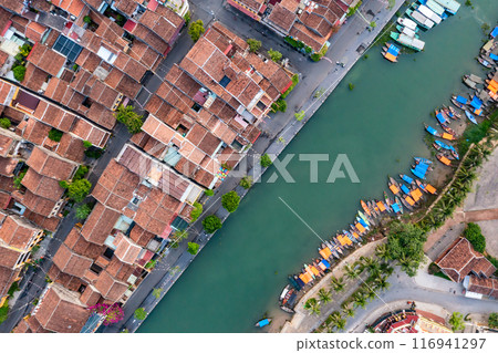 Aerial drone view of Hoi An city, Vietnam. Ancient town, UNESCO world heritage, at Quang Nam province. 116941297