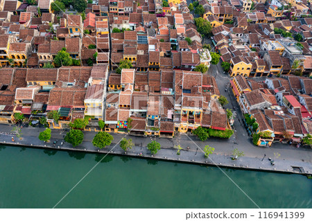 Aerial drone view of Hoi An city, Vietnam. Ancient town, UNESCO world heritage at Quang Nam province 116941399