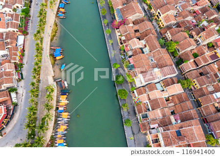 Aerial drone view of Hoi An city, Vietnam. Ancient town, UNESCO world heritage at Quang Nam province Aerial drone view of Hoi An city, Vietnam. Ancient town, UNESCO world heritage at Quang Nam province 116941400