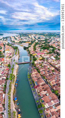 Aerial drone view of Hoi An city, Vietnam. Ancient town, UNESCO world heritage at Quang Nam province 116941401