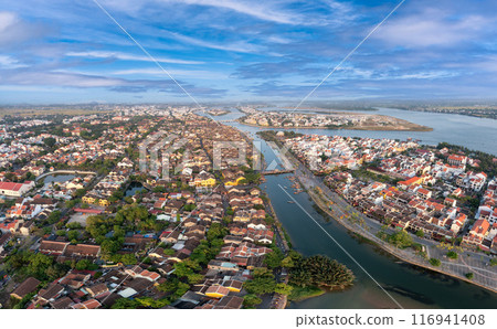Aerial drone view of Hoi An city, Vietnam. Ancient town, UNESCO world heritage at Quang Nam province Aerial drone view of Hoi An city, Vietnam. Ancient town, UNESCO world heritage at Quang Nam province 116941408
