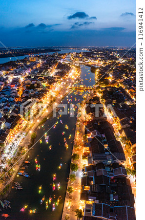 Aerial drone view of Hoi An city, Vietnam. Ancient town, UNESCO world heritage at Quang Nam province Aerial drone view of Hoi An city, Vietnam. Ancient town, UNESCO world heritage at Quang Nam province 116941412