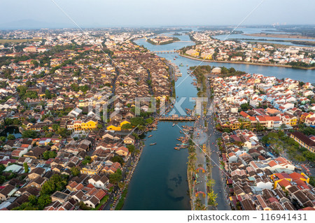 Aerial drone view of Hoi An city, Vietnam. Ancient town, UNESCO world heritage at Quang Nam province 116941431