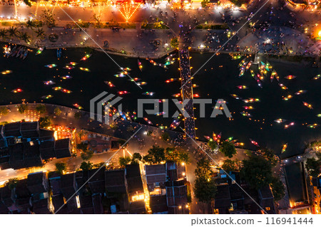Aerial drone view of Hoi An city, Vietnam. Ancient town, UNESCO world heritage at Quang Nam province 116941444