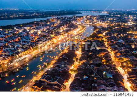 Aerial drone view of Hoi An city, Vietnam. Ancient town, UNESCO world heritage at Quang Nam province Aerial drone view of Hoi An city, Vietnam. Ancient town, UNESCO world heritage at Quang Nam province 116941453
