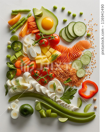 Creative Healthy Food Layout with Avocado and Vegetables 116941490