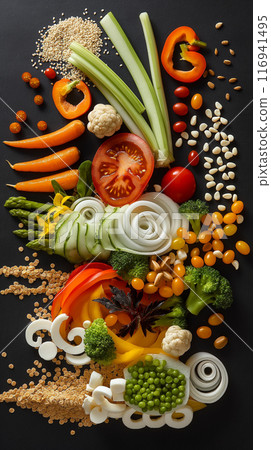 Colorful Vegetable Art on Black Background 116941495