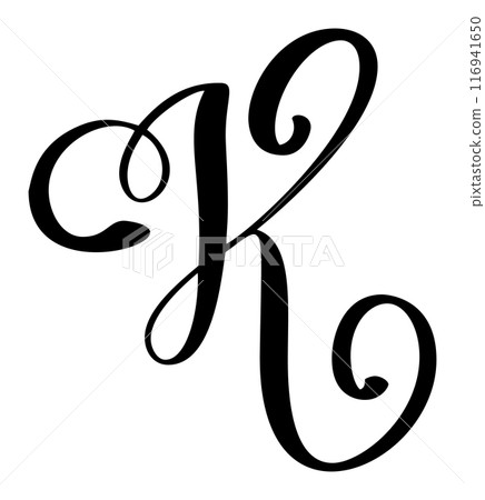 Hand drawn vector calligraphy letter capital K. Script font logo initials. Handwritten brush style flourish Hand drawn vector calligraphy letter capital K. Script font logo initials. Handwritten brush style flourish 116941650