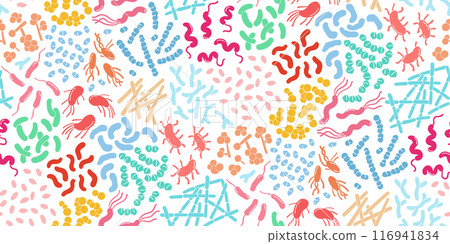 Colorful and detailed seamless pattern showcasing different bacteria and probiotics 116941834