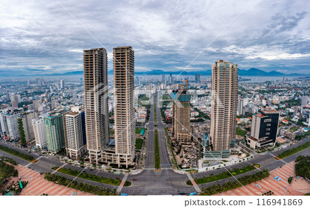 Aerial view of Da Nang city which is a very famous destination for tourists. Aerial view of Da Nang city which is a very famous destination for tourists. 116941869