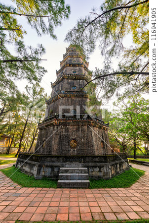 Thien Mu pagoda from above in Hue, Vietnam. Beautiful place and attract many tourists. Thien Mu pagoda from above in Hue, Vietnam. Beautiful place and attract many tourists. 116941905