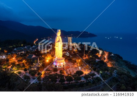 Aerial view of Ling Ung pagoda, Son Tra peninsula, Da Nang, Vietnam. 116941910