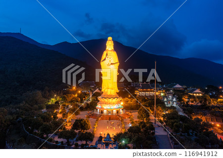 Aerial view of Ling Ung pagoda, Son Tra peninsula, Da Nang, Vietnam. 116941912