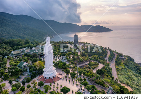 Aerial view of Ling Ung pagoda, Son Tra peninsula, Da Nang, Vietnam. 116941919