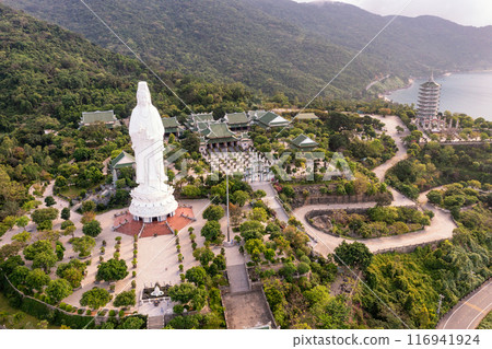 Aerial view of Ling Ung pagoda, Son Tra peninsula, Da Nang, Vietnam. 116941924