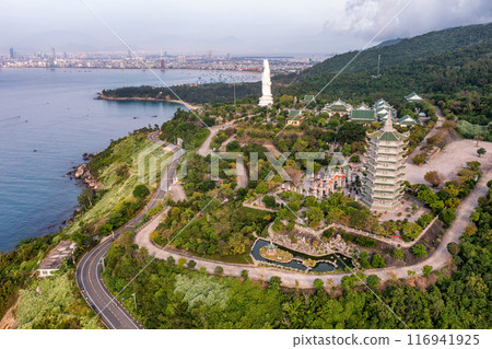 Aerial view of Ling Ung pagoda, Son Tra peninsula, Da Nang, Vietnam. 116941925