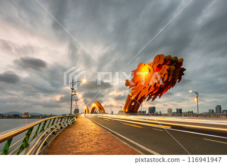 Dragon bridge in Danang at sunset which is a very famous destination for tourists 116941947