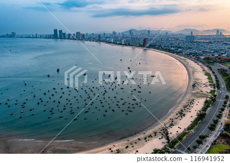 Aerial view of My Khe Beach - Top 6 beautiful beach in the World By Forbes Magazine. Aerial view of My Khe Beach - Top 6 beautiful beach in the World By Forbes Magazine. 116941952