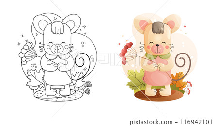 Cute Mouse Coloring Page Black and White and Colored Versions. Childrens animals set.  Cute Mouse Coloring Page Black and White and Colored Versions. Childrens animals set.  116942101