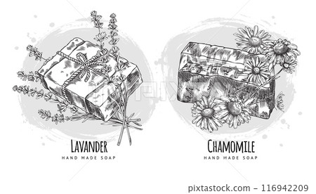 A sect of vector black and white sketches of handmade soap with chamomile and lavender 116942209