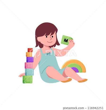 Cute baby girl play with pyramid toy, vector cartoon kid have fun with Montessori toys smart puzzle game, education Cute baby girl play with pyramid toy, vector cartoon kid have fun with Montessori toys smart puzzle game, education 116942251