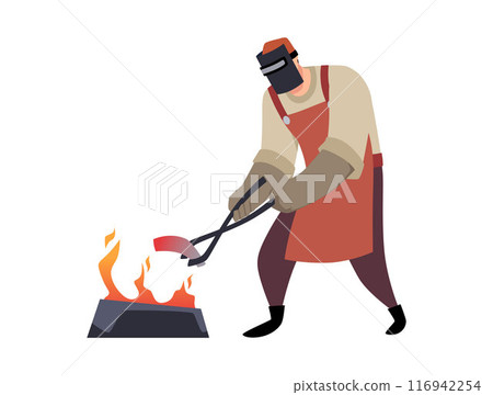 Blacksmith wearing leather apron gloves and face shield heating iron piece in fire, vector cartoon farrier worker smith Blacksmith wearing leather apron gloves and face shield heating iron piece in fire, vector cartoon farrier worker smith 116942254