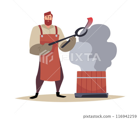 Vector illustration of a blacksmith character holding molten iron with tongs on a white background Vector illustration of a blacksmith character holding molten iron with tongs on a white background 116942259