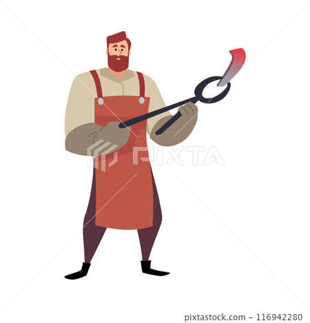 Blacksmith man holds forceps with hot iron piece, vector cartoon professional smith farrier worker in apron and gloves 116942280