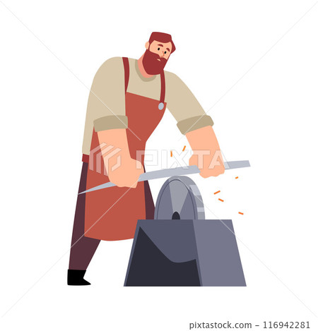 Blacksmith sharpens a shapeless piece of iron on a whetstone. 116942281