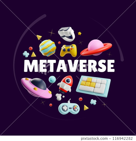 Game metaverse 3D vector poster, joystick, vr glasses, rocket and planets floating in cosmic space, gaming universe 116942282
