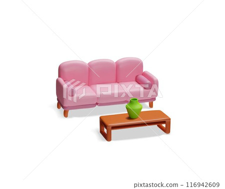 Pink sofa and coffee table 3d icon vector illustration set 116942609