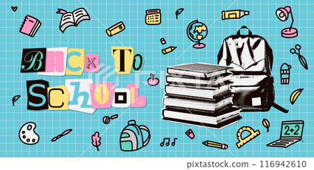 Back to school trendy halftone collage banner template with doodles on a checkered paper background. Books pile, backpack and cutout words with stationery decor. Concept of learning, knowledge. Vector Back to school trendy halftone collage banner template with doodles on a checkered paper background. Books pile, backpack and cutout words with stationery decor. Concept of learning, knowledge. Vector 116942610