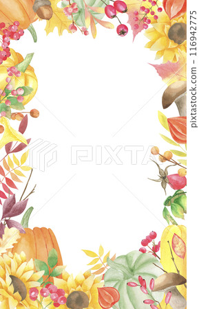 Watercolor autumn frame with pumpkin, sunflower, fallen leaves, red berries, mushrooms. Thanksgiving day decoration. Harvest frame. Fall wreath. Template for card making, greeting cards. 116942775