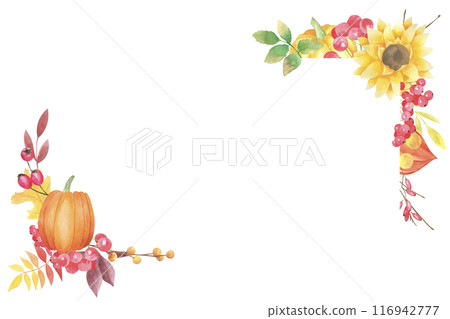 Watercolor hand drawn autumn corner frame with pumpkins, sunflowers, fallen leaves, berries on white background. Thanksgiving day decoration. Harvest. Template for greeting card. Fall decor Watercolor hand drawn autumn corner frame with pumpkins, sunflowers, fallen leaves, berries on white background. Thanksgiving day decoration. Harvest. Template for greeting card. Fall decor 116942777