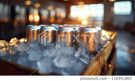 Refrigerator filled with ice, with white cans of drink Refrigerator filled with ice, with white cans of drink 116942865