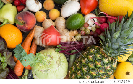 Plant background with ripe fruits, vegetables, berries and herbs. Concept of fertility and good harvest 116942949