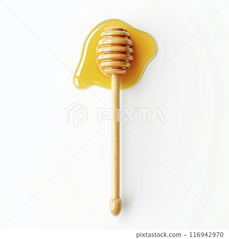 Honey with honey dipper on white background. Top view. 116942970