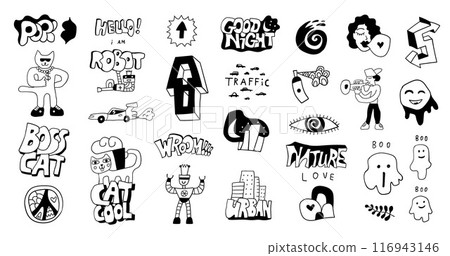 crazy doodle characters words graffiti style isolated vector set 116943146